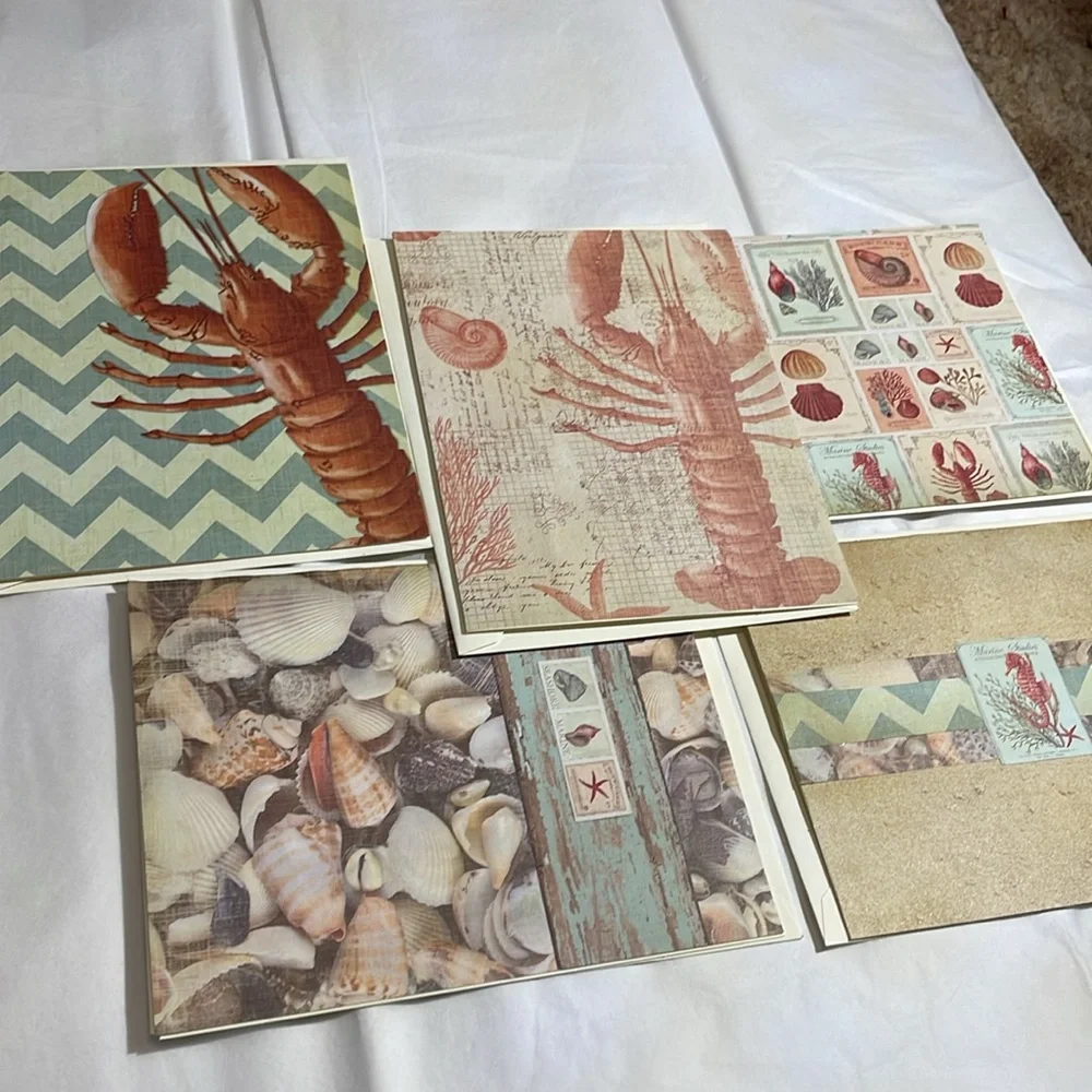 Set of 5 coastal seashells lobster greeting cards
